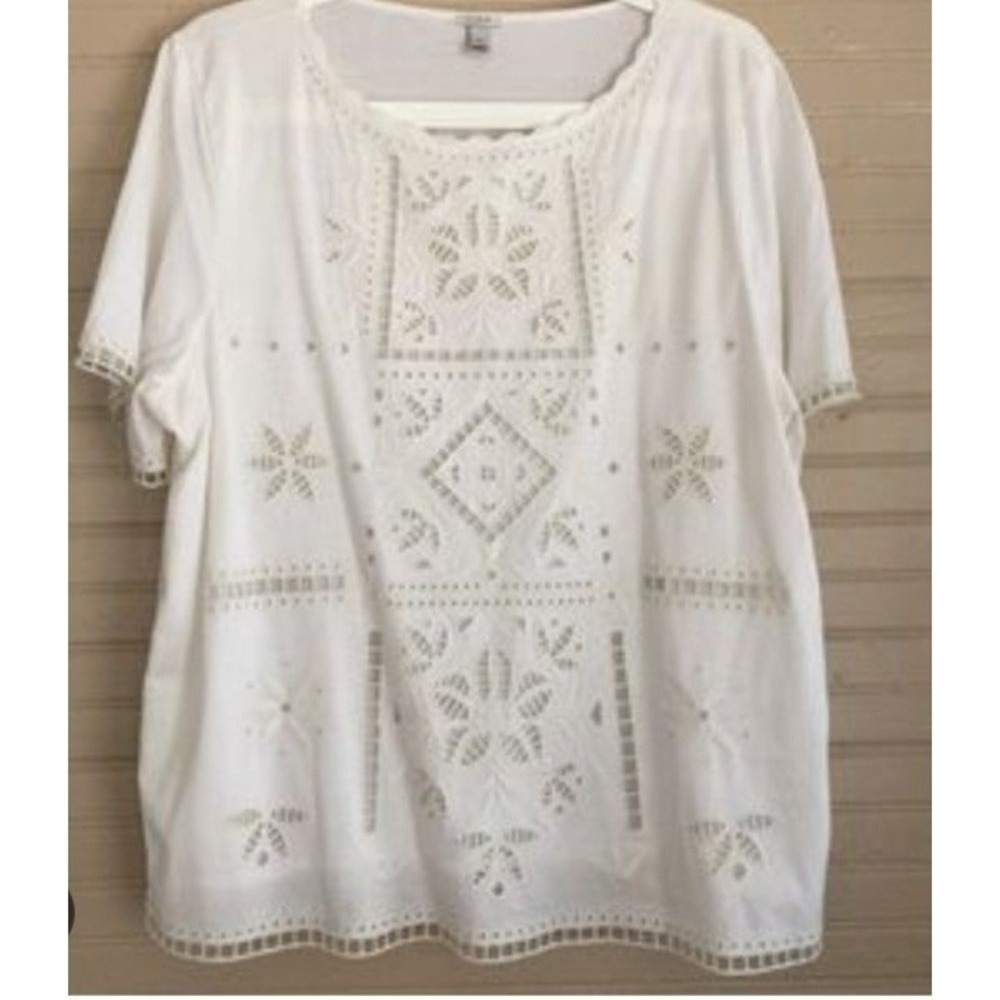 J. Crew Women Top Size Small White‎ Eyelet Lace Blouse Short Sleeves Crewneck